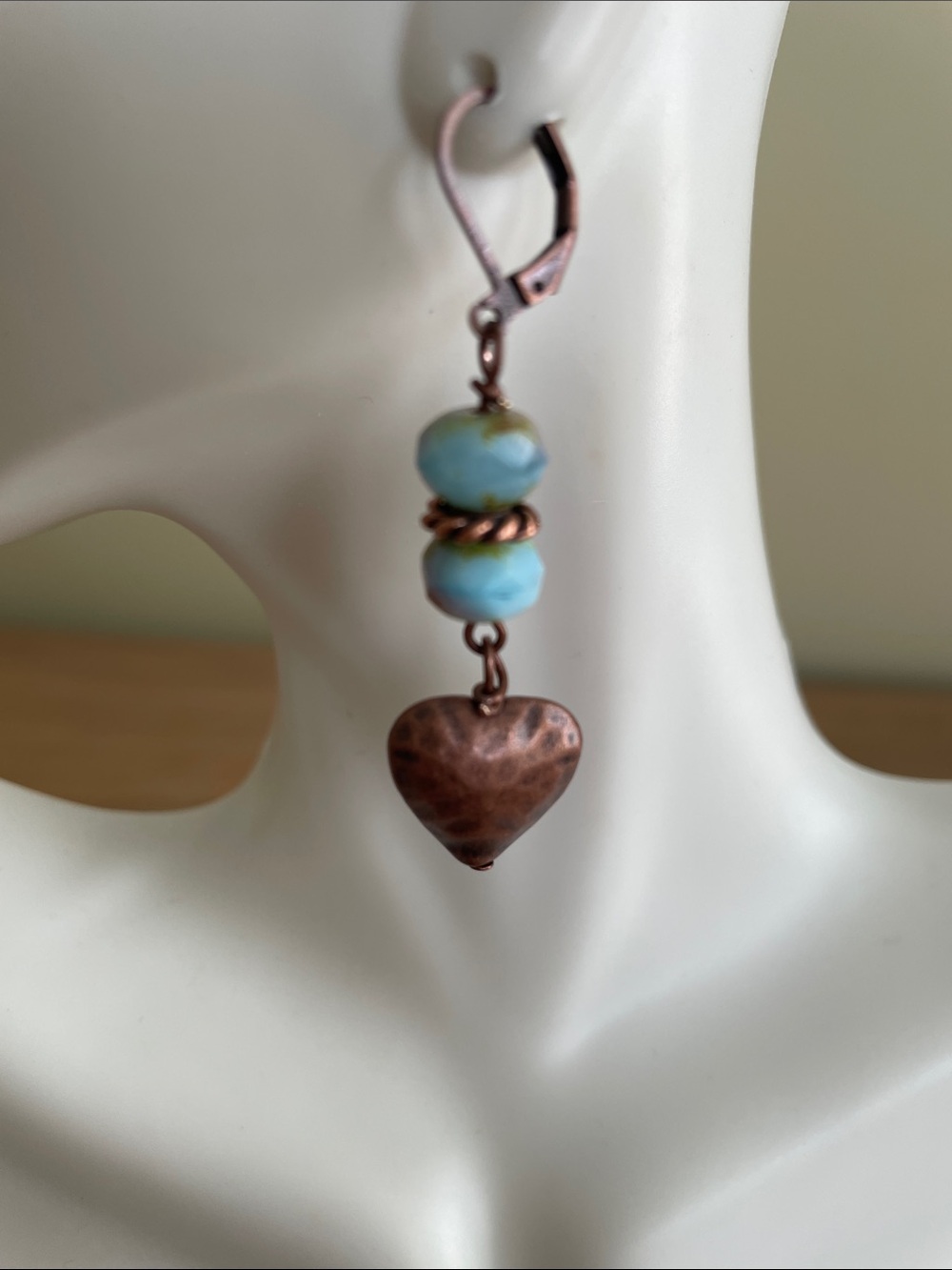 HAND CRAFTED ANTIQUED COPPER HEART & BLUE CZECH GLASS BEAD DANGLE EARRINGS